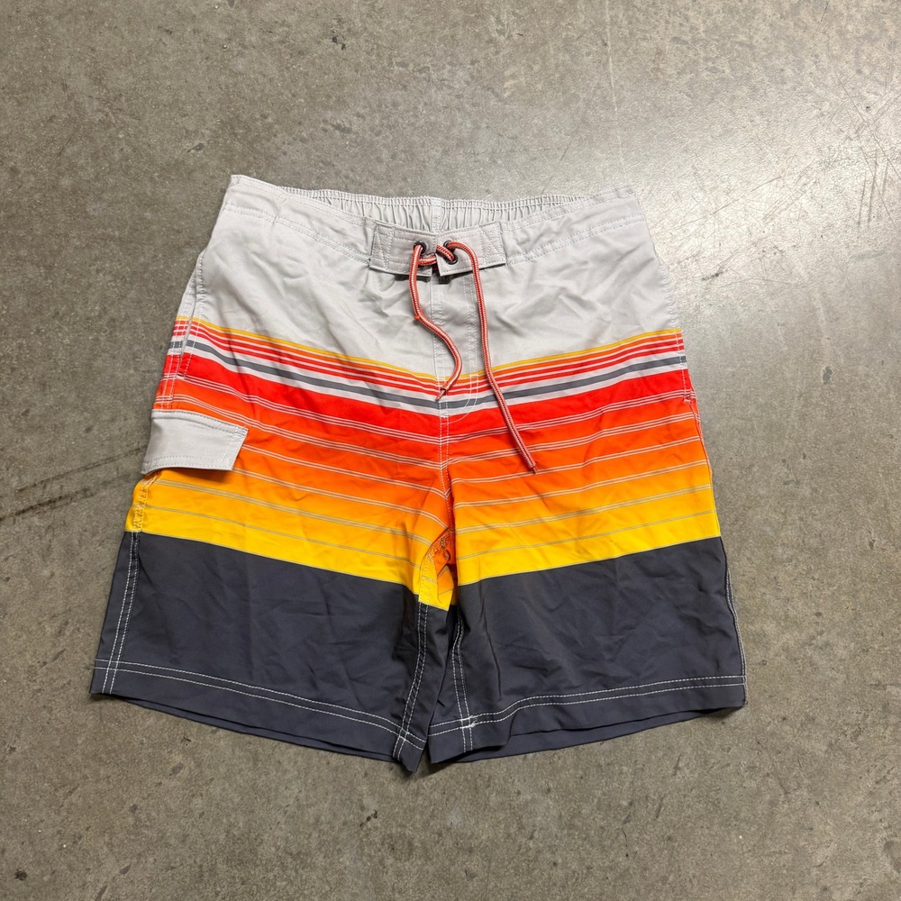 George Mens Sunset Stripe Board Shorts Grey Orange Size M 32-34 Swim Trunk